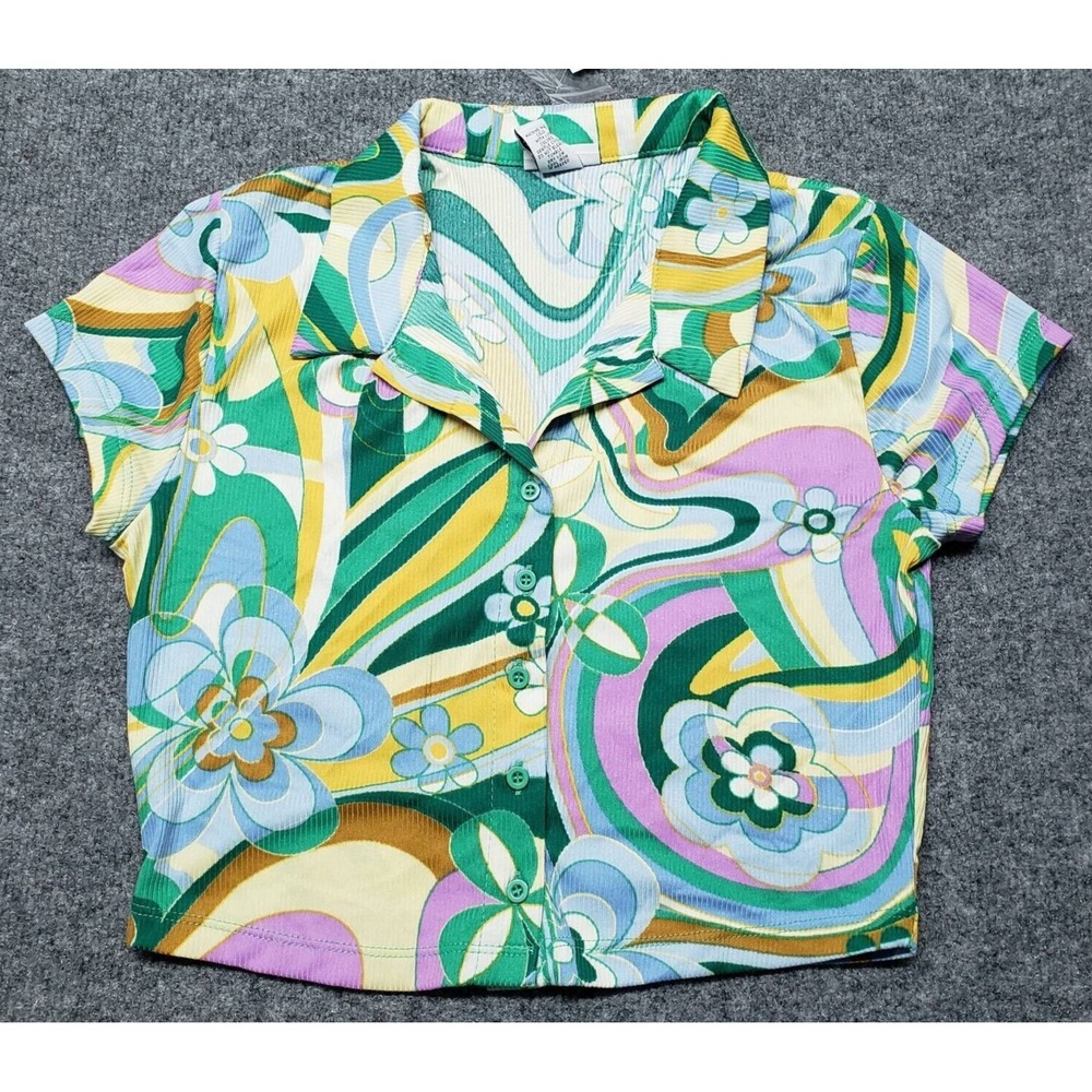 Rue21 Shirt Top Womens M Multicolor Floral Short Sleeve Stretch Button Up New